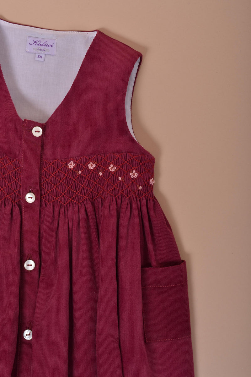 Lily, Robe chasuble, col V, poches et ouverture devant, en velours côtelé bordeaux - Lily, Pinafore dress, V-neck, pockets and front opening, in Bordeaux corduroy