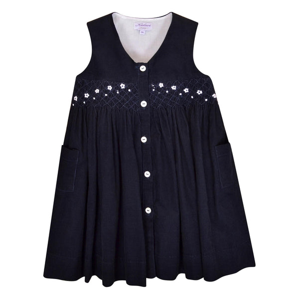 Lily, Robe chasuble, col V, poches et ouverture devant, en velours côtelé Marine - Lily, Pinafore dress, V-neck, pockets and front opening, in Navy corduroy