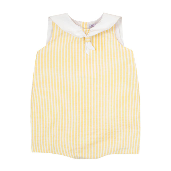 Liseron, baby boy romper with scarf collar on the front and boat neck in the back, in Yellow and white seersucker stripes