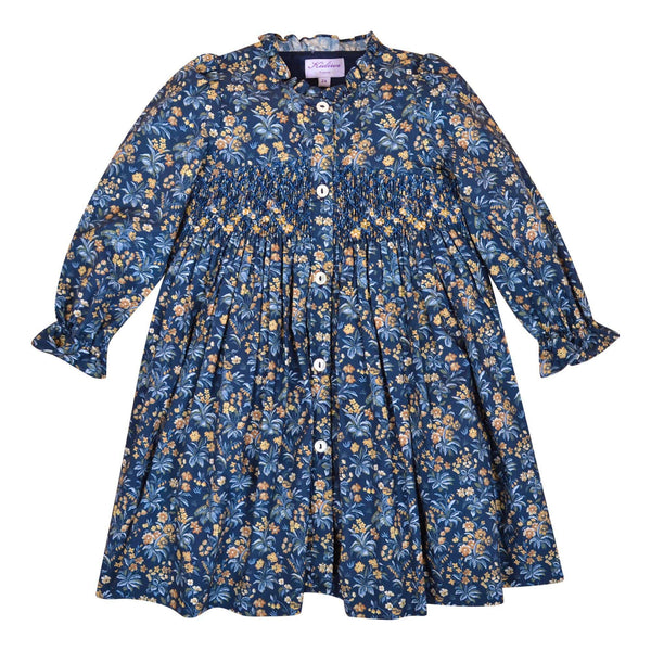 Lola, Robe à manches longues, col montant volanté, smockée à la taille, en Liberty of London - Floral Fable - Lola, Dress with long sleeves, high ruffled collar, smocked at the waist, in Liberty of London - Floral Fable