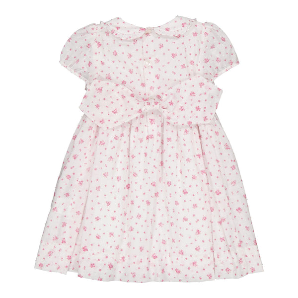 Lorraine, smocked dress with puffed-sleeved, ruffled peter pan collars, in White plumetis printed with small fuchsia flowers