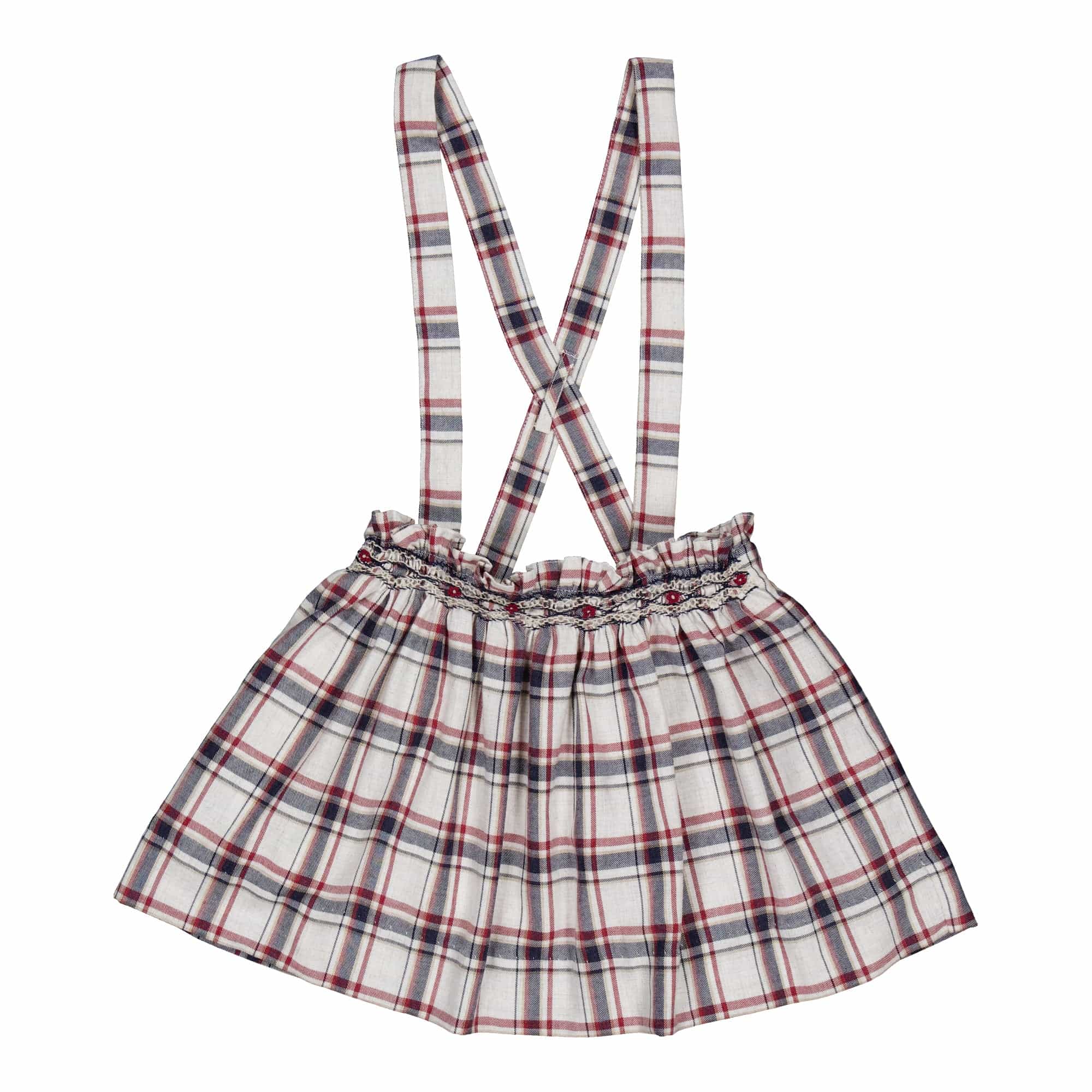 Louise, jupe smockée en tartan marine/bordeaux