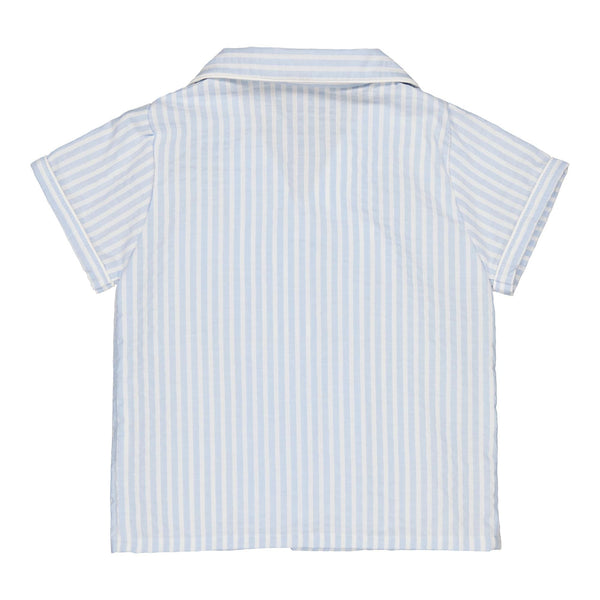 Lupin, boy shirt with lapel collar and short sleeves, in Blue and white seersucker stripes