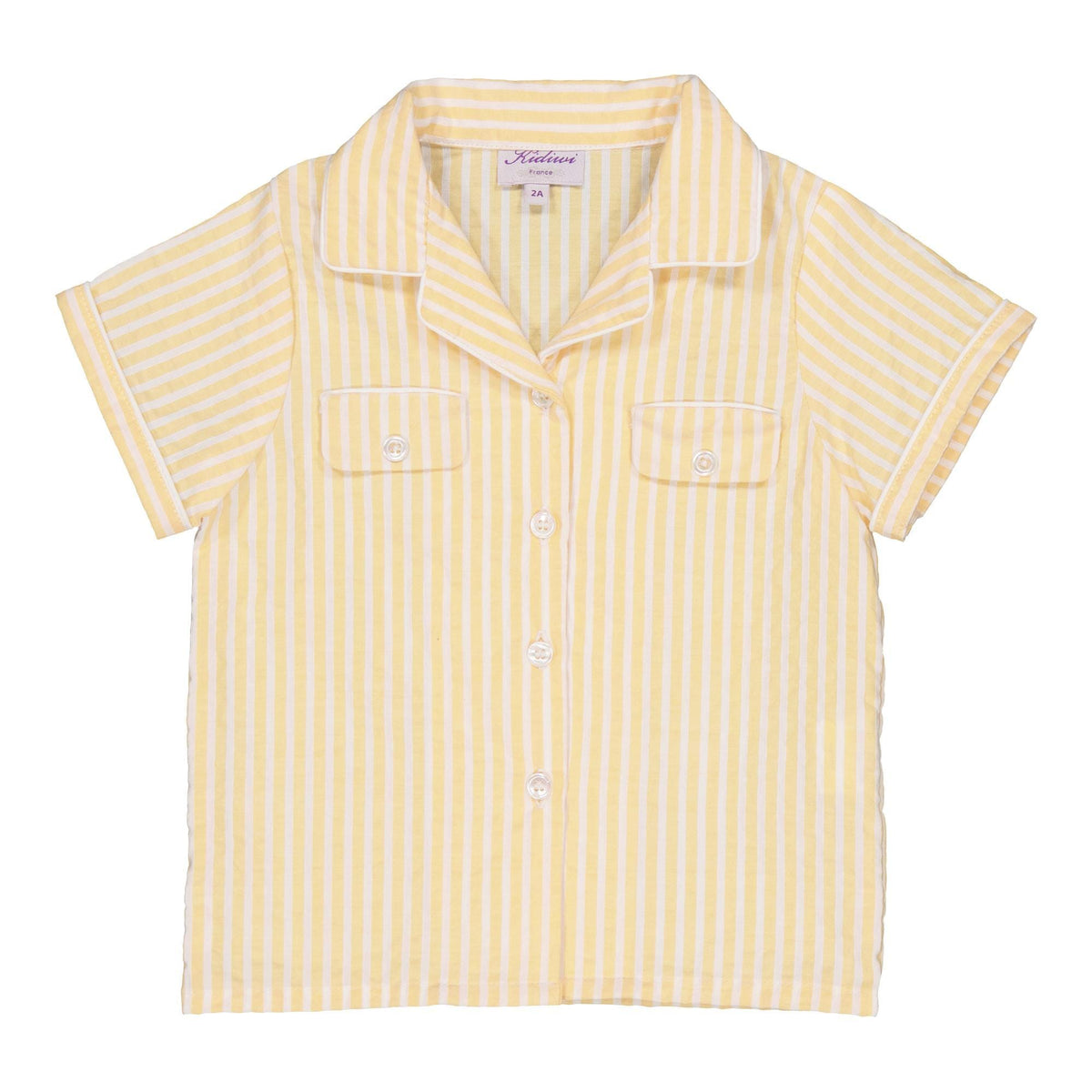 Lupin, boy shirt with lapel collar and short sleeves, in Yellow and white seersucker stripes