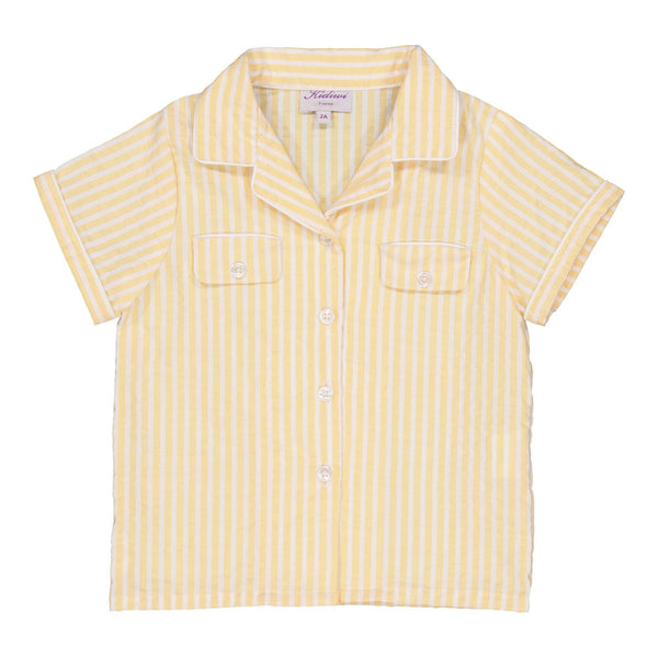 Lupin, boy shirt with lapel collar and short sleeves, in Yellow and white seersucker stripes
