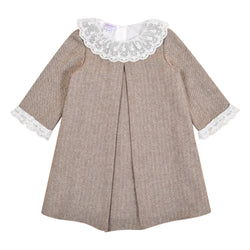 Madeleine, Dress with 3/4 ruffled sleeves, lace collar, in Brown herringbones with wool