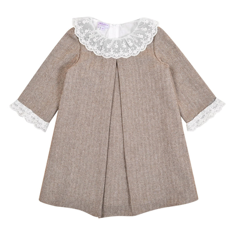 Madeleine, Dress with 3/4 ruffled sleeves, lace collar, in Brown herringbones with wool