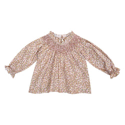 Maëline, Blouse fille à manches longues raglan, encolure entièrement smockée, en imprimé fleuri rose et kaki