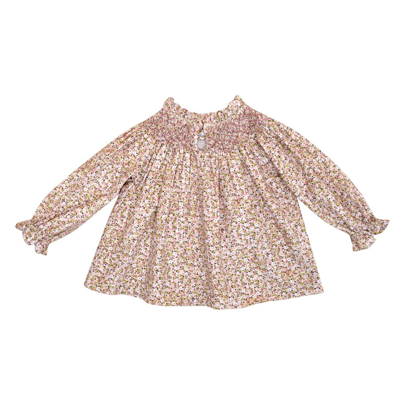 Maëline, Blouse fille à manches longues raglan, encolure entièrement smockée, en imprimé fleuri rose et kaki