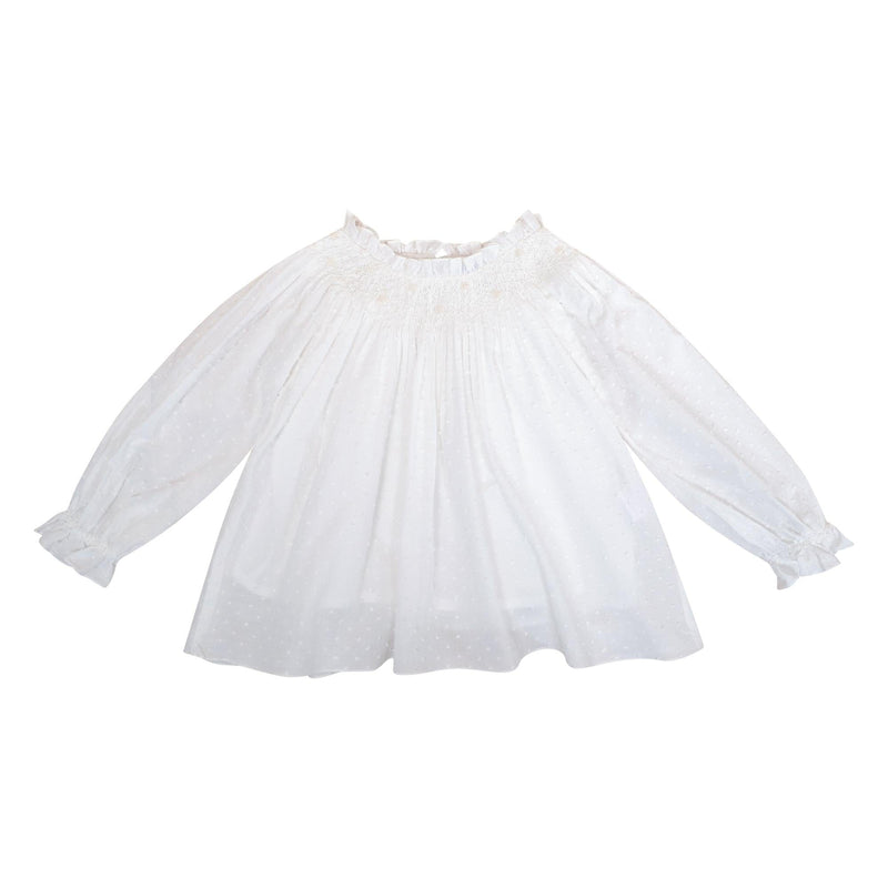 Maëline, Girl's blouse with long raglan sleeves, high ruffled collar and fully smocked neckline, in Off white plumetis