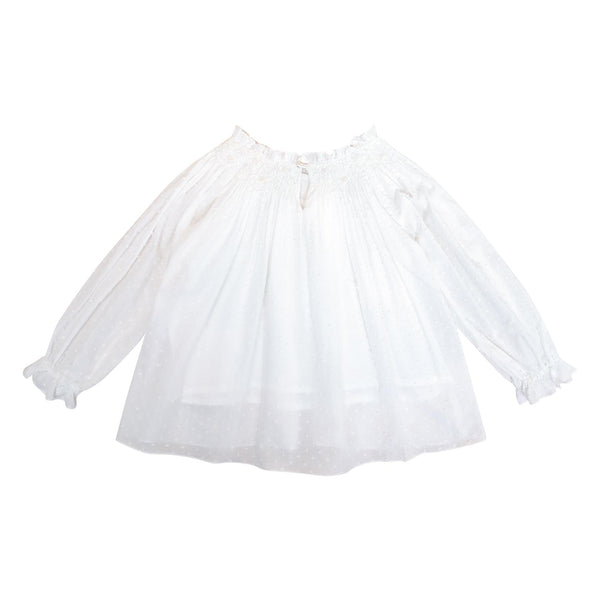 Maëline, Girl's blouse with long raglan sleeves, high ruffled collar and fully smocked neckline, in Off white plumetis
