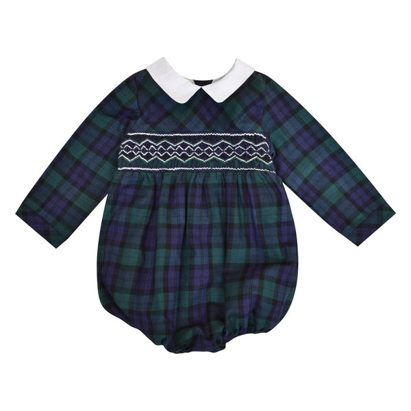 Mahé, Barboteuse bébé manches longues, col mac milan, taille smockée, en tartan Cotton Blackwatch - Mahé, Long-sleeved baby romper, mac milan collar, smocked waist, in Cotton Blackwatch tartan