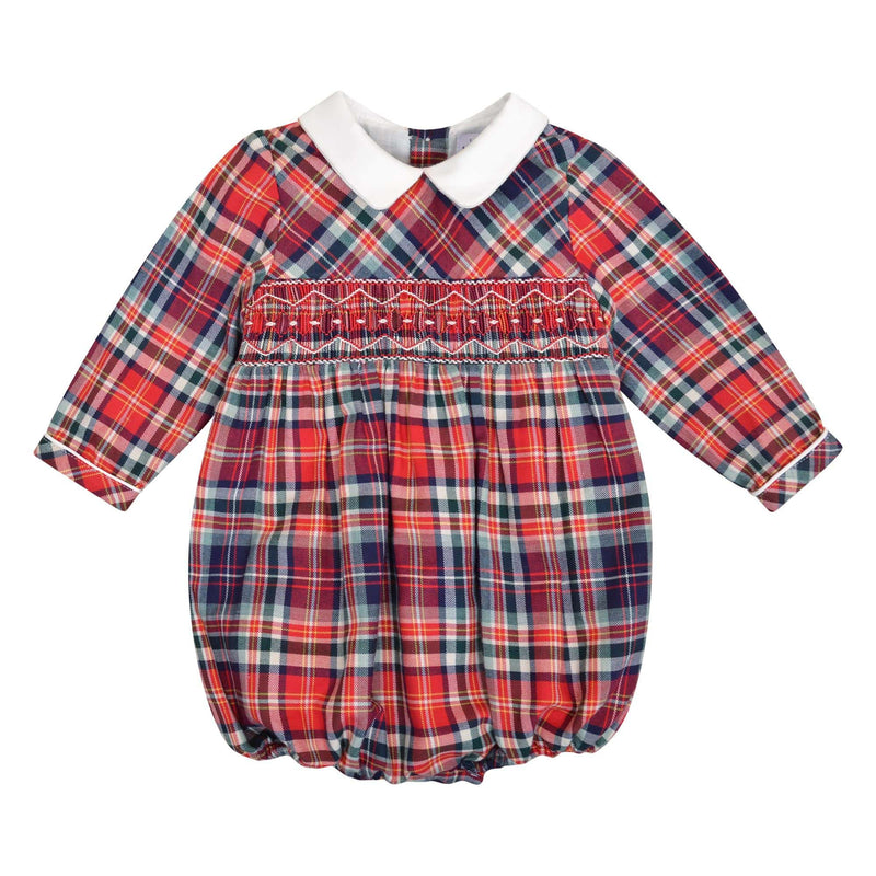 Mahé, Barboteuse bébé manches longues, col mac milan, taille smockée, en tartan rouge - Mahé, Long-sleeved baby romper, mac milan collar, smocked waist, in Red tartan