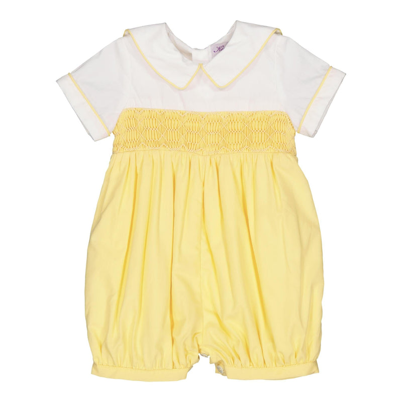 Mathis, smocked baby boy romper with white shirt and mac milan collar, in Yellow poplin