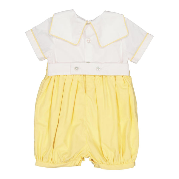 Mathis, smocked baby boy romper with white shirt and mac milan collar, in Yellow poplin