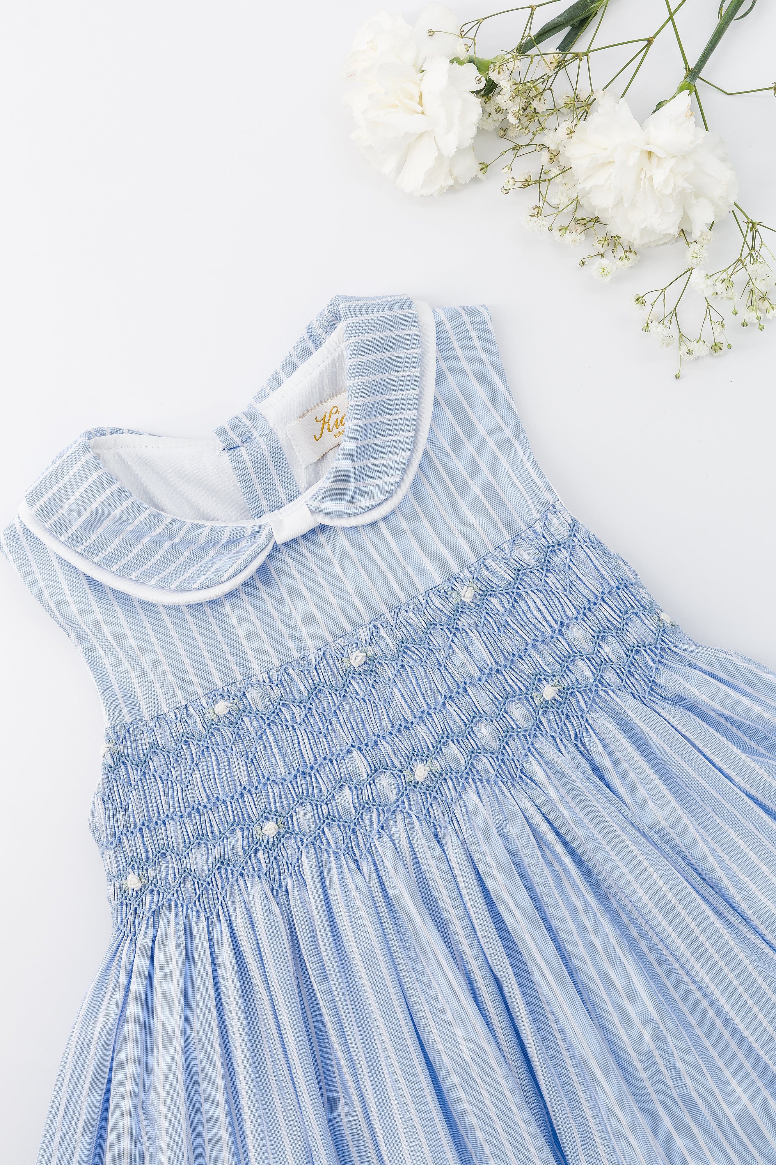 Maud, robe smockée, à rayures bleu bleuet