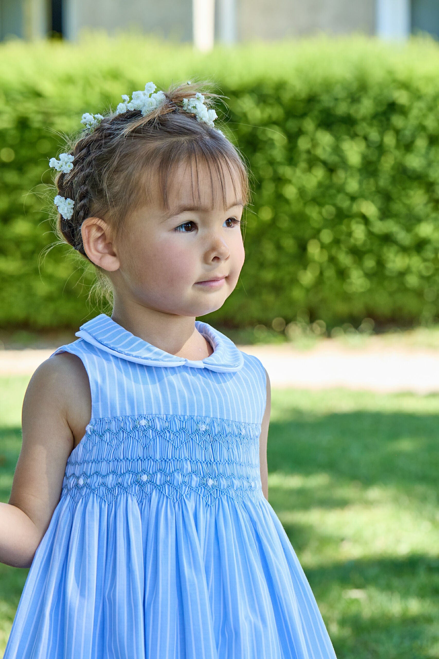 Maud, robe smockée, à rayures bleu bleuet