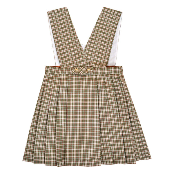 Mayeule, Jupe plissée réversible à bretelles, encolure cache-cœur ou ronde, en tartan kaki - Mayeule, Reversible pleated skirt with straps, wrap-around or round neckline, in Khaki tartan