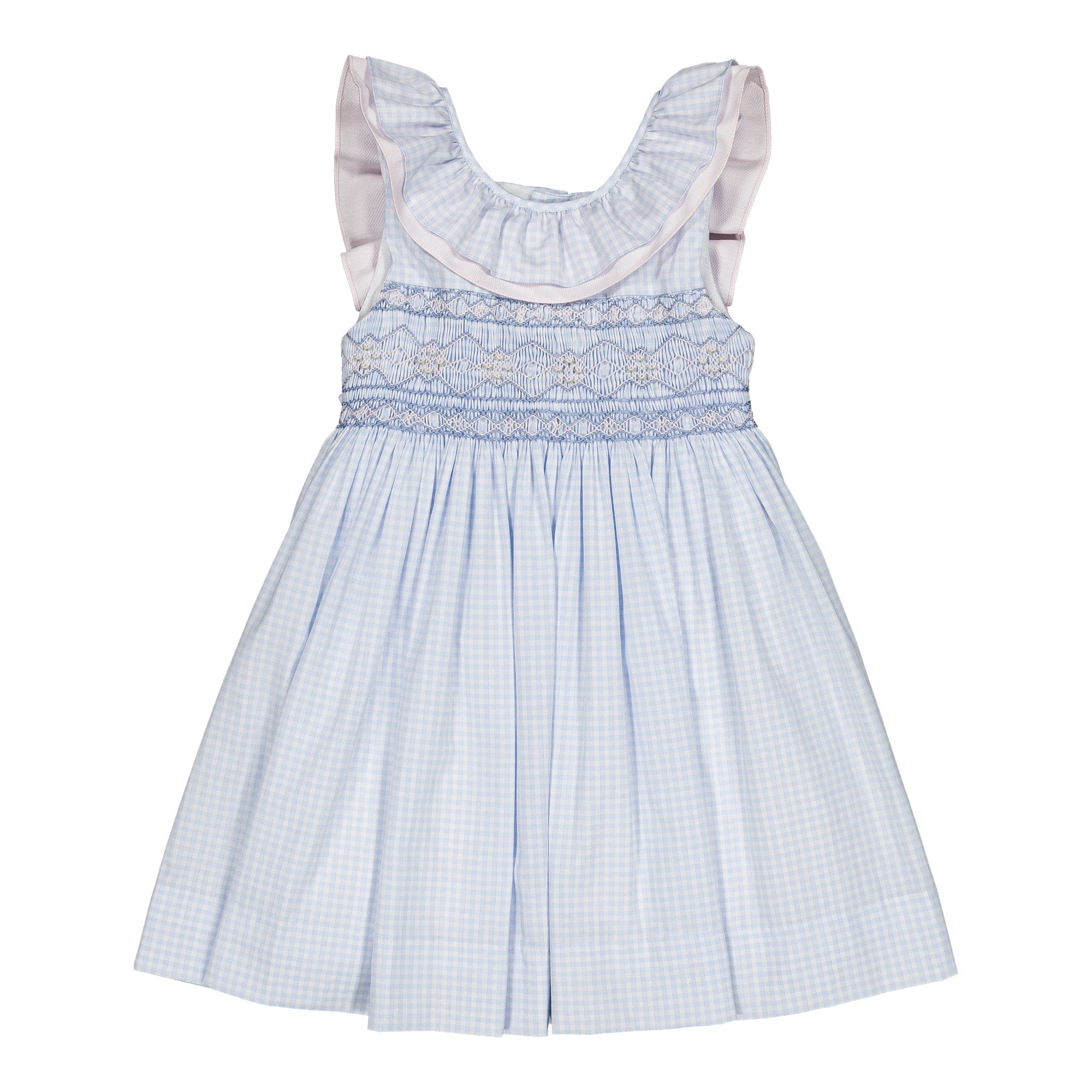 Mélina, robe smockée, en  petit vichy bleu ciel