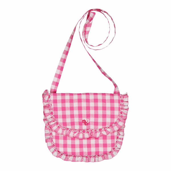 Mimosa, embroidered shoulder bag, with smocked ruffles, in Large fuchsia gingham