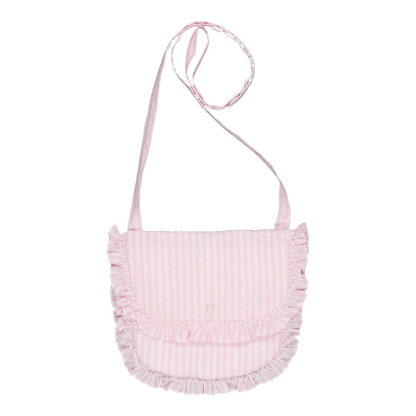 Mimosa, embroidered shoulder bag, with smocked ruffles, in Pink and white seersucker stripes