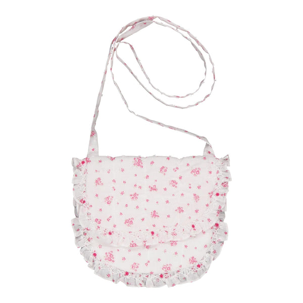 Mimosa, sac à bandoulière à volants smockés, en plumetis blanc imprimé de petites fleurs fuchsia