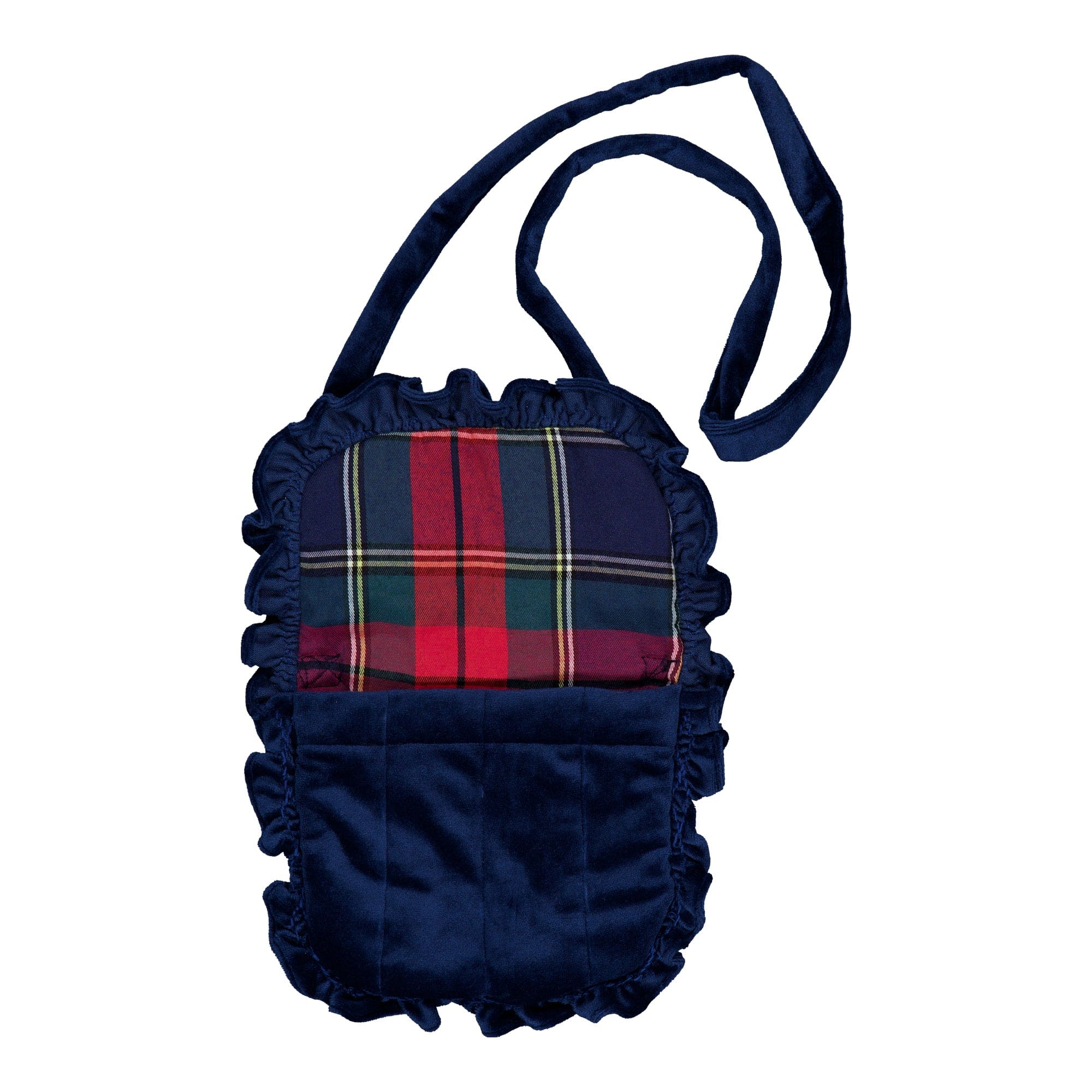 Mimosa, Sac à bandoulière smocké, en velours bleu marine avec doublure imprimée