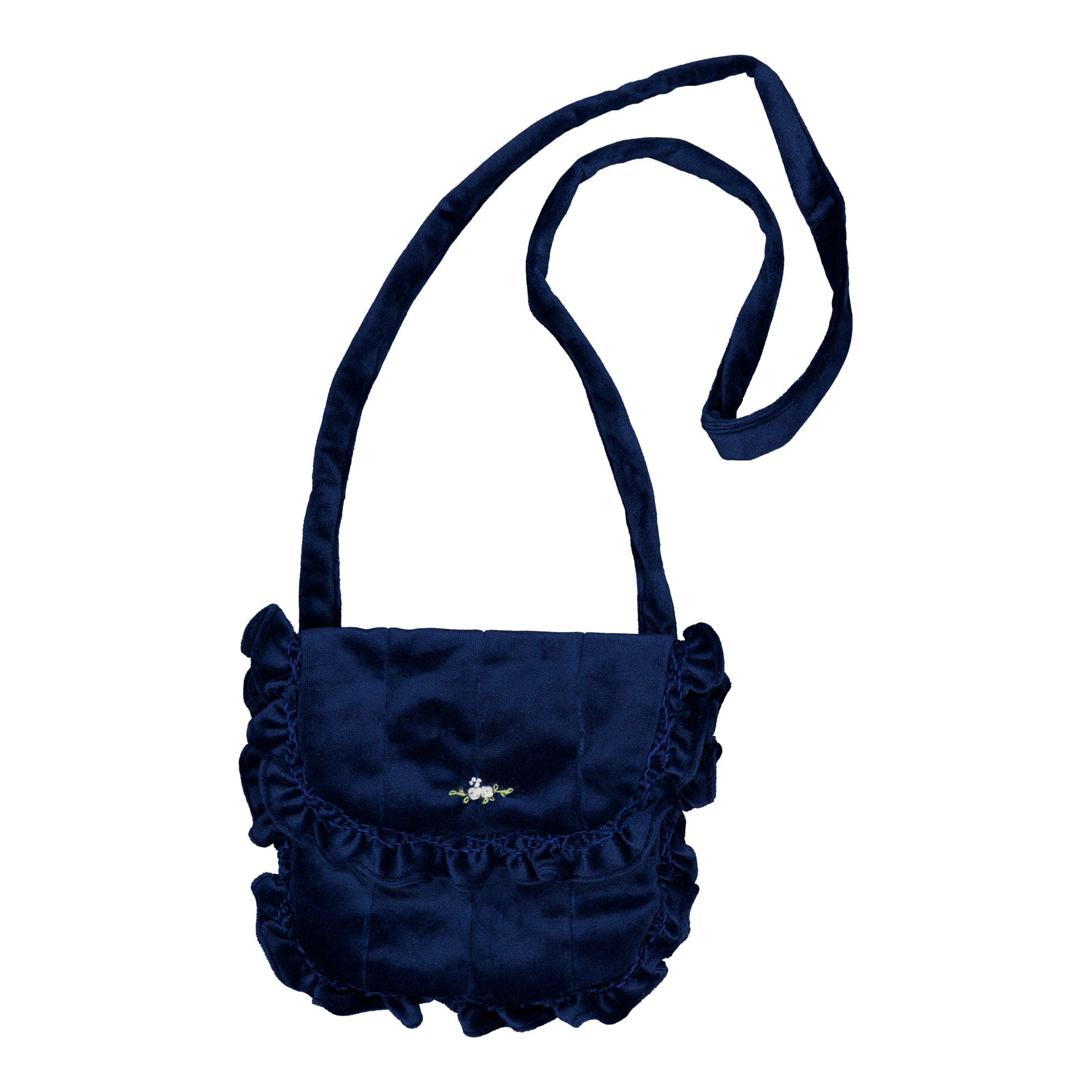 Mimosa, Sac à bandoulière smocké, en velours bleu marine avec doublure imprimée
