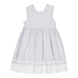 Nadège, pinafore dress with round neckline, contrasted bands at the bottom, in Small sky blue print