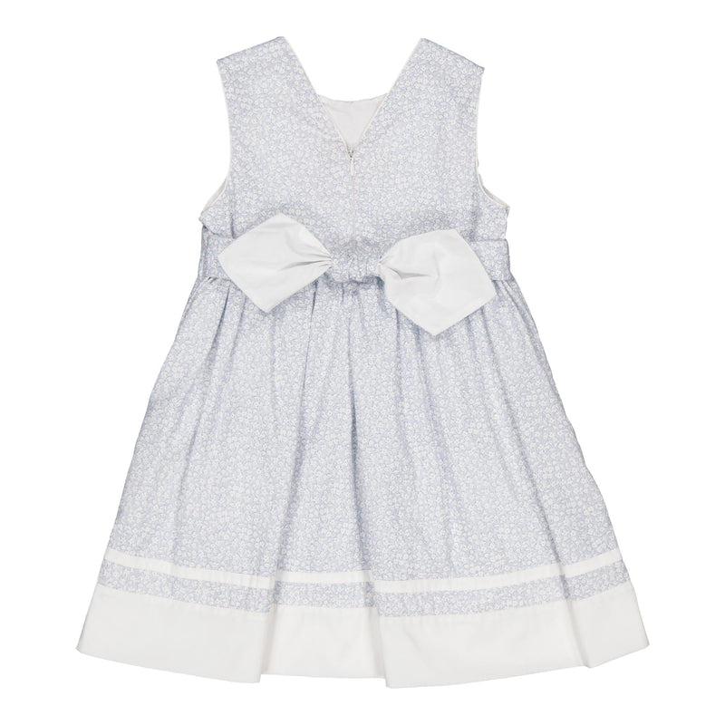 Nadège, pinafore dress with round neckline, contrasted bands at the bottom, in Small sky blue print
