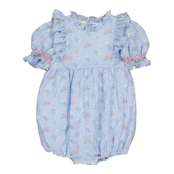 Nine-B, baby girl romper with frills on front and neckline, smocked sleeves, in Blue seersucker gingham with bouquet print