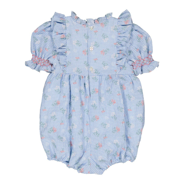 Nine-B, baby girl romper with frills on front and neckline, smocked sleeves, in Blue seersucker gingham with bouquet print