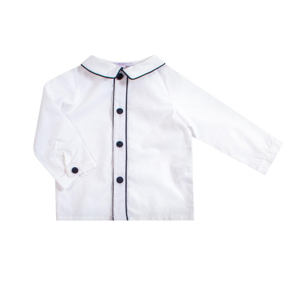 Noa, Boy's long-sleeved shirt, mac milan collar, navy piping, in White poplin