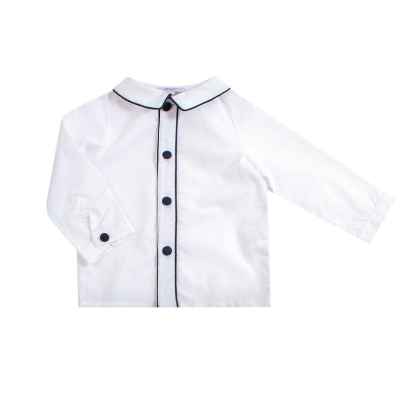 Noa, Boy's long-sleeved shirt, mac milan collar, navy piping, in White poplin