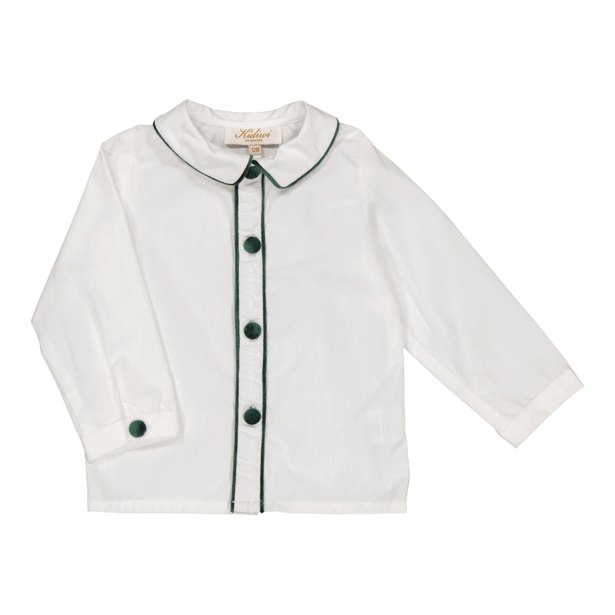 Noa, chemise en popeline blanche et passepoilée de velours vert