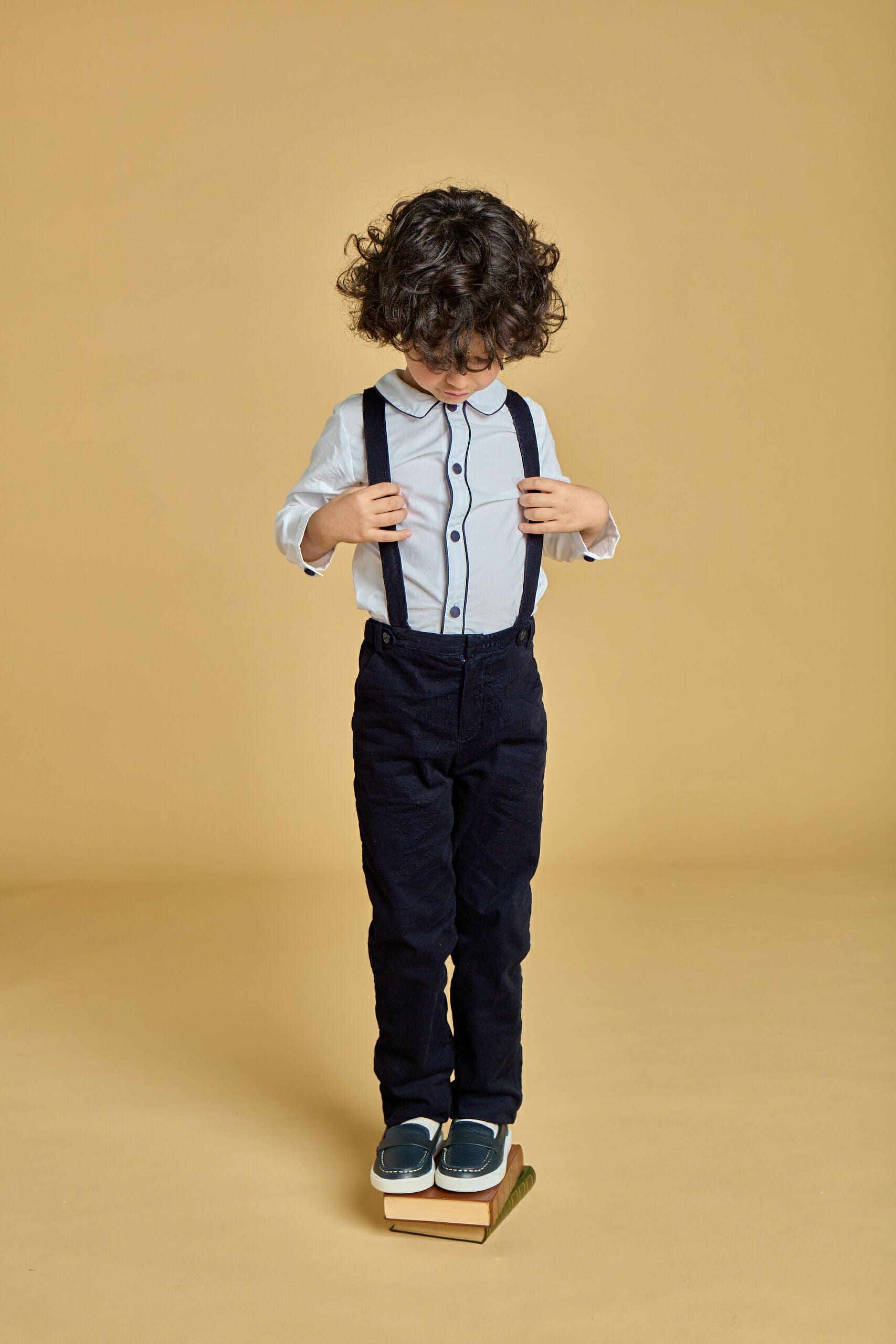 Noa, chemise garçon en popeline blanche passepoil marine