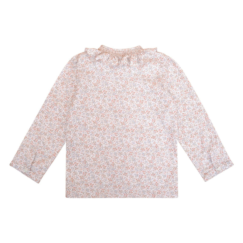 Nour, Blouse fille manches longues, col smocké à volants, en Rose nude / Imprimé fleuri bleu ciel - Nour, Girl's long-sleeved blouse, smocked ruffled collar, in Rose nude / Sky blue floral print