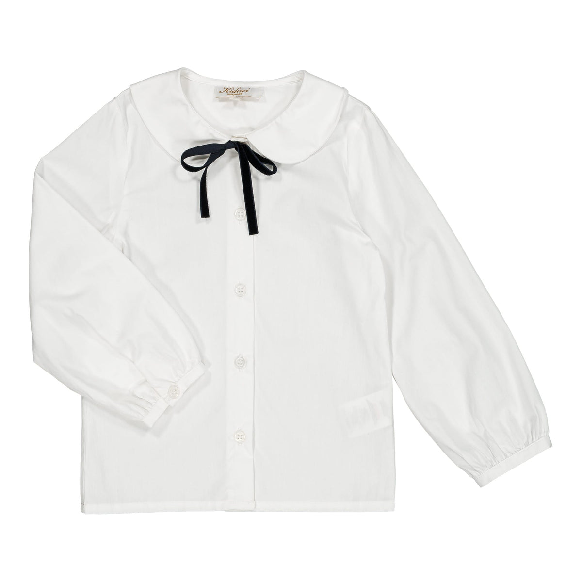 Octavia, Blouse pour fille en popeline blanche avec ruban bleu marine.