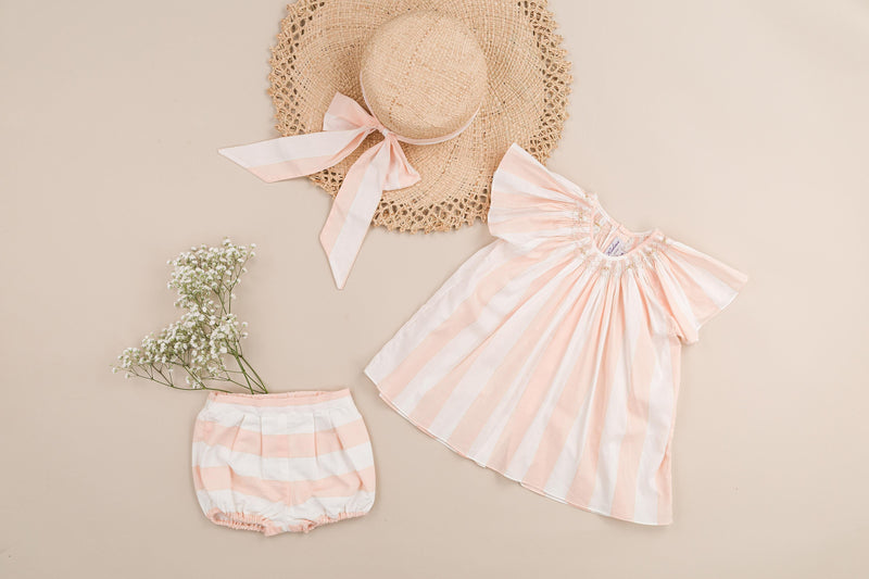 Pacôme, baby bloomer, larges rayures roses nude et lurex