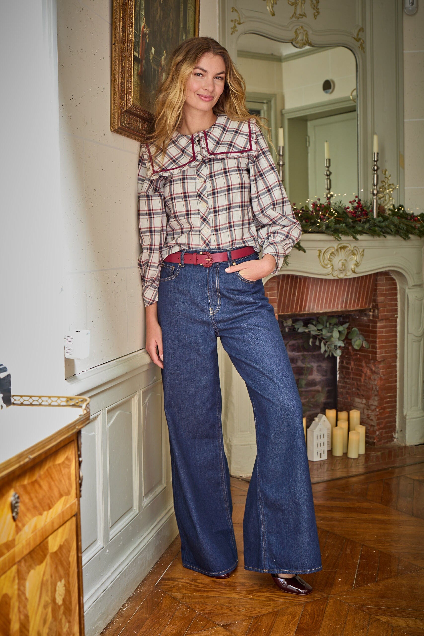 Paola, blouse femme en tartan marine/bordeaux