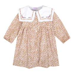 Paola, Robe à manches longues droites, col marin volanté avec broderie, ouverture devant, en imprimé fleuri rose et kaki - Paola, Dress with long straight sleeves, ruffled sailor collar with  embroidery, front opening, in Pink and khaki flower print