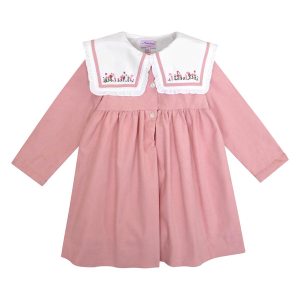 Paola, Robe à manches longues droites, col marin volanté avec broderie, ouverture devant, en Velours Côtelé Rose - Paola, Dress with long straight sleeves, ruffled sailor collar with  embroidery, front opening, in Pink Corduroy