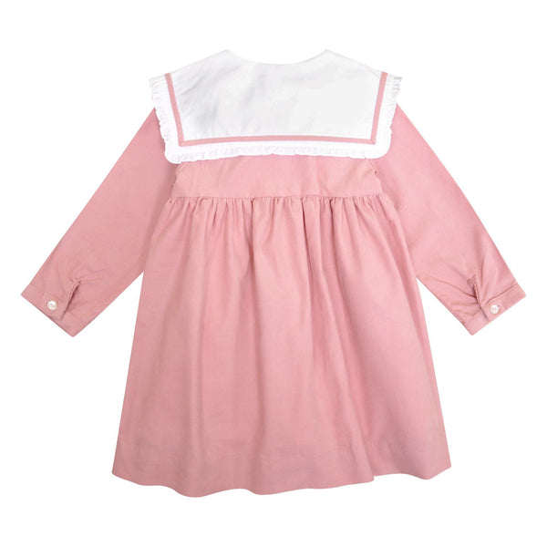 Paola, Robe à manches longues droites, col marin volanté avec broderie, ouverture devant, en Velours Côtelé Rose - Paola, Dress with long straight sleeves, ruffled sailor collar with  embroidery, front opening, in Pink Corduroy