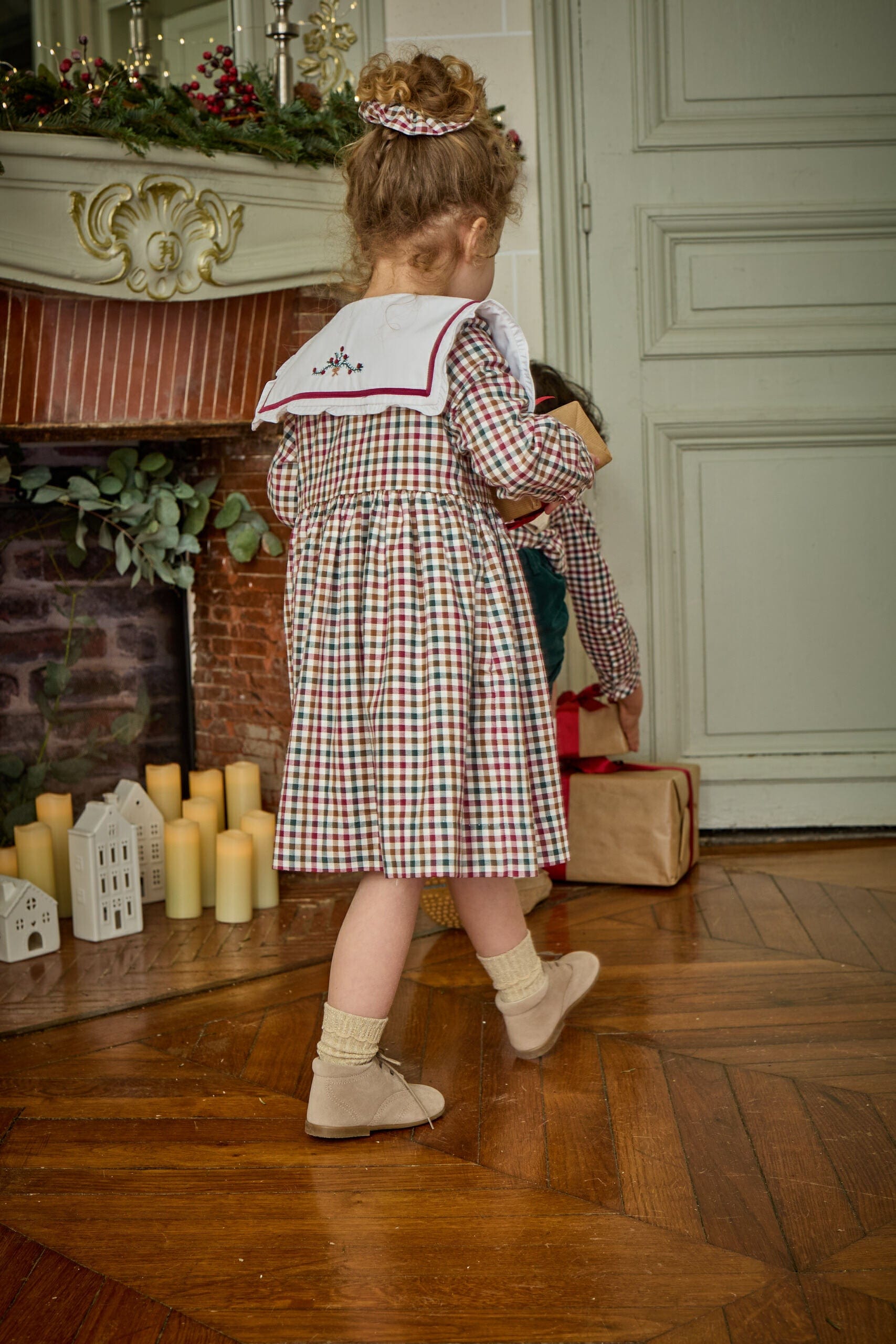 Paola, robe, en bordeaux et vichy pin