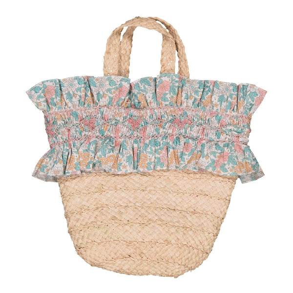 Pénélope, raffia bag with handsmocked ruffles, in Coral and mint floral print