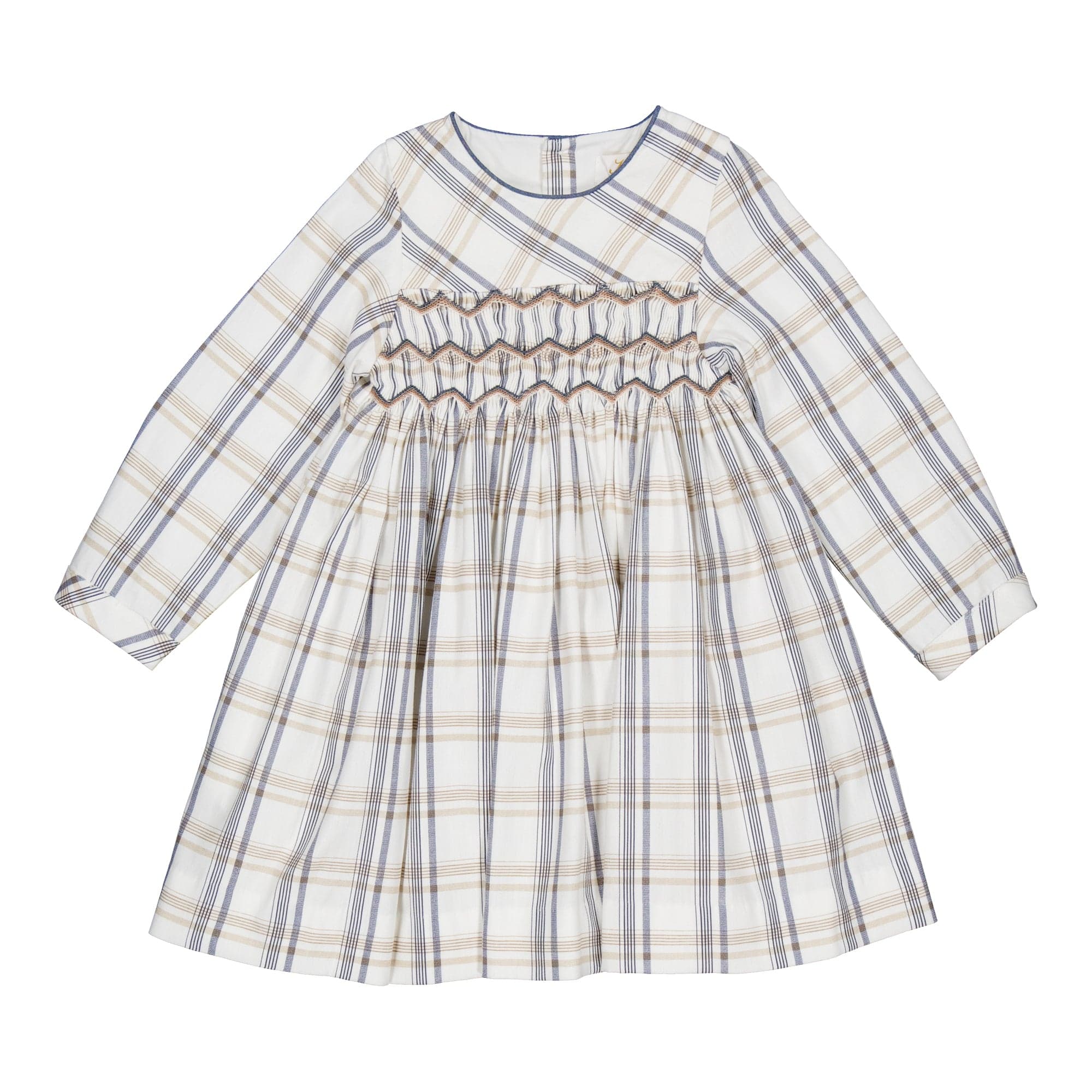 Rachel, robe smockée en tartan beige et marine