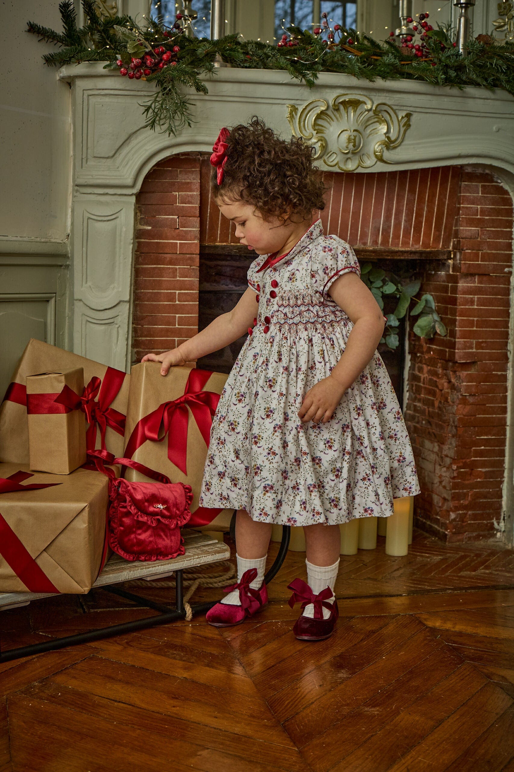 Rison, smocked dress, in Winter bouquet print with burgundy velvet collar