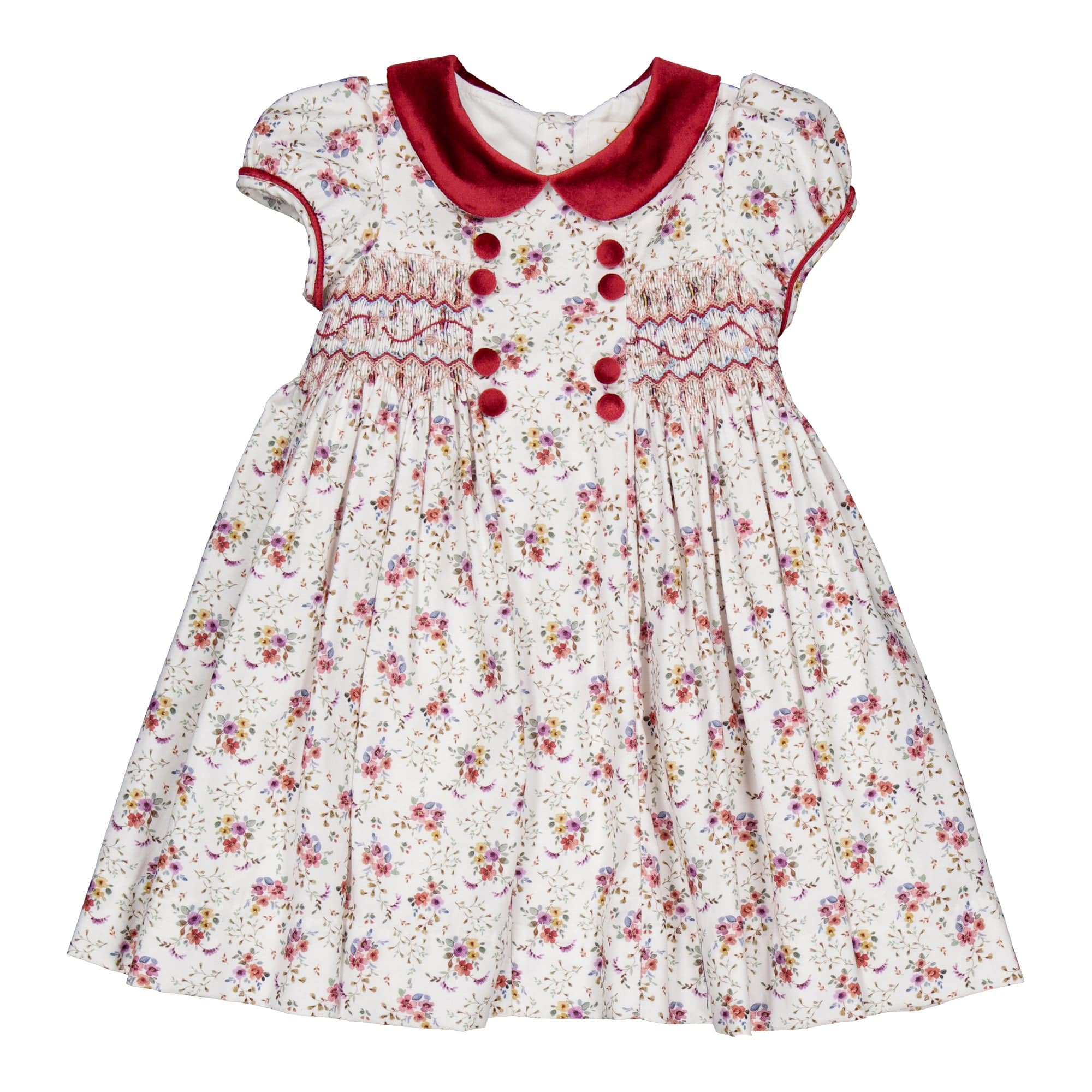 Rison, smocked dress, in Winter bouquet print with burgundy velvet collar