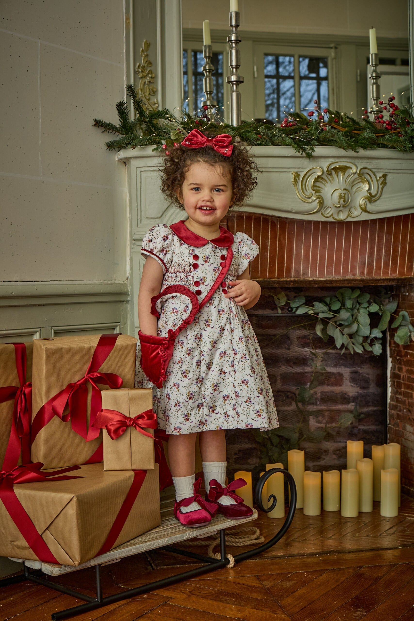 Rison, smocked dress, in Winter bouquet print with burgundy velvet collar