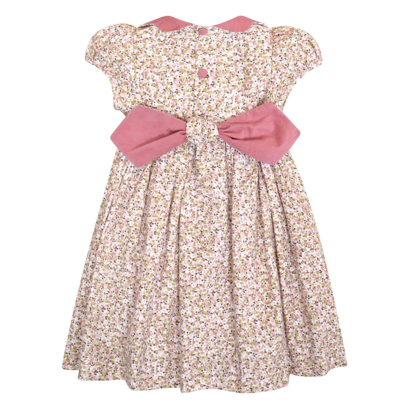 Ritha, Robe à manches ballons, col en velours festonné, taille smockée, en imprimé fleuri rose et kaki - Ritha, Dress with balloon sleeves, scalloped velvet collar, smocked waist, in Pink and khaki flower print